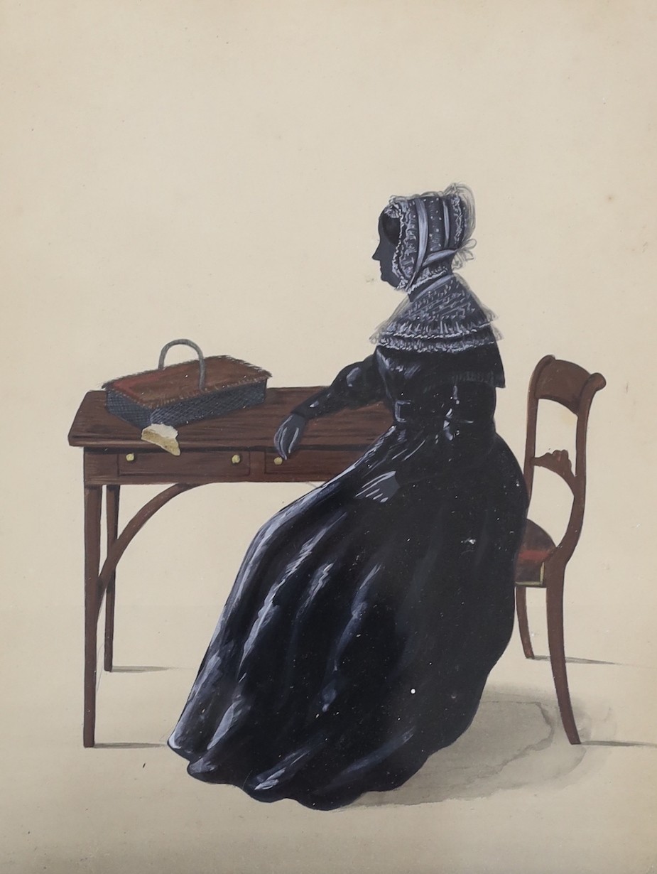 19th century English School, two painted silhouettes, Full length profiles of lady's seated at a table, indistinct Studio stamps, 27 x 21cm and a coloured lithograph, A View Near Albert Gate, 42 x 52cm